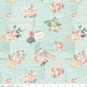 May include: A light blue fabric with a repeating pattern of pink roses, white flowers, and handwritten text. The text includes phrases like "Everyday is a gift" and "Live life in full bloom".