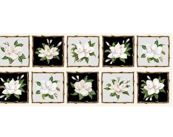 May include: A pattern of white magnolia flowers in a repeating design. Each flower is framed in a brown twig border against a black or gray background.