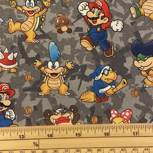 Fat Quarter Super Mario 2 Mario And Enemies On Grey  100% Cotton Quilting Fabric