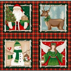 Christmas Snowman, Santa, Reindeer and Angel 4 Cushion Panels 100% Cotton Fabric