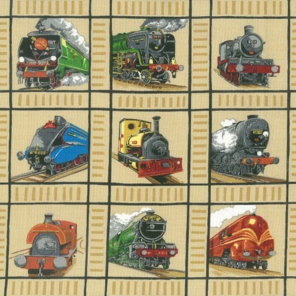 Loco Motion Railway Train Panels Quilting Fabric 50 Panels Each 8cm Square