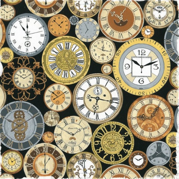 Fat Quarter Clock Faces Victorian Vintage Cotton Quilting Fabric Steampunk