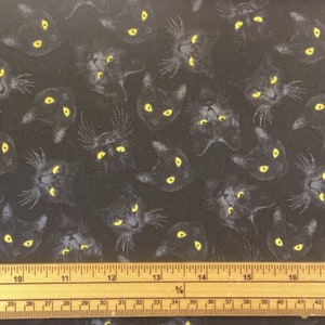 Fat Quarter Black Cat Capers Halloween Black Cat Faces 100% Cotton Quilting Fabric