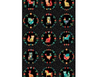 Folk Friends Colorful Animals On Black 100% Cotton Fabric Panel