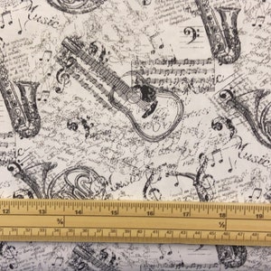 Fat Quarter Black Music Instruments And Notes On White 100% Cotton Quilting Fabric