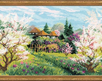 Apple Orchard In Blossom 14 Count Cross Stitch Kit By Riolis 41 x 23cm