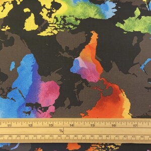 Tissu à courtepointe Fat Quarter, carte du monde arc-en-ciel, 100 % coton