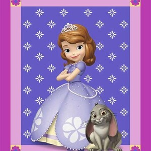 May include: A purple and white princess doll with a crown and a grey rabbit. The doll is wearing a purple dress with white flowers and a pearl necklace. The background is a purple and white pattern.