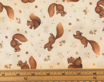 Fat Quarter Woodland Wildlife Animals Squirrel On Cream 100% Cotton Fabric