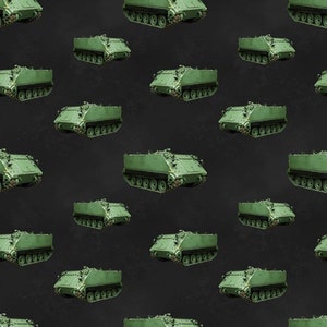 Fat Qtr Battle Zone M113 Armoured Personnel Carriers Cotton Quilting Fabric-Blk