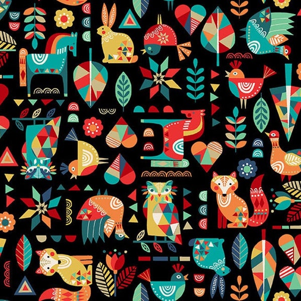 Fat Quarter Folk Friends Colorful Animals On Black 100% Cotton Quilting Fabric