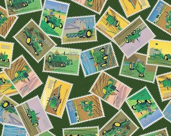 May include: A fabric pattern featuring postage stamps with green tractors. The stamps have various numbers, including "2010", "3010", and "4010", and text that reads "A NEW GENERATION OF POWER". The background is a dark green color.