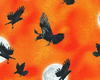 Fat Quarter Raven Moon Ravens And Moons On Orange 100% Cotton Fabric