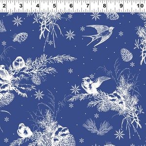 May include: A blue fabric with a white winter scene pattern. The pattern includes birds, pine branches, snowflakes, and pine cones.