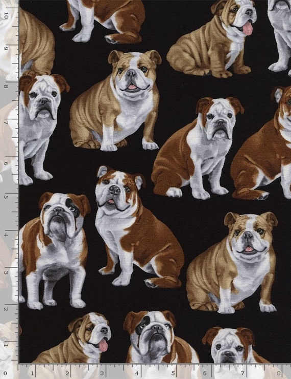 Fat Quarter Bulldog Hunde Auf Schwarzer Quilting Stoff aus 100% Baumwolle
