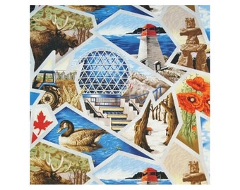 May include: A colorful collage of Canadian landmarks and symbols, including a moose, a lighthouse, a Canadian flag, a goose, a biosphere, a totem pole, and red poppies.