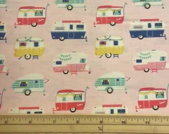 Fat Quarter I'd Rather Be Glamping Pink Caravans 100% Cotton Quilting Fabric