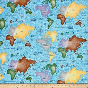 Tissu à courtepointe Fat Quarter Lighthouse Wonder, carte du monde nautique 100 % coton