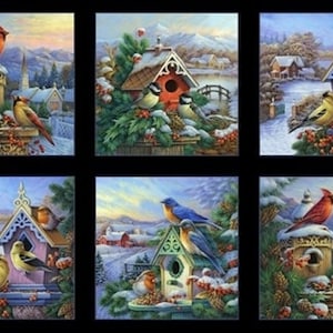 May include: Six wintery scenes featuring birdhouses with various birds perched on them. The birdhouses are decorated with intricate details and are surrounded by snow-covered trees and houses. The birds are a mix of cardinals, bluebirds, and yellow finches.