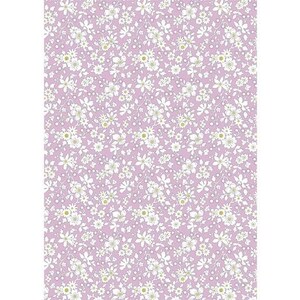 May include: A seamless pattern featuring a repeating design of small white flowers with green centers on a light purple background.