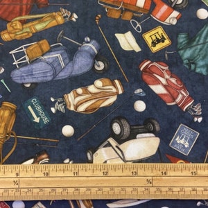 May include: A blue and white golf cart, golf bags, golf clubs, and golf balls on a dark blue background. The text "CLUBHOUSE" and "KEEP CARTS ON PATH" are visible.