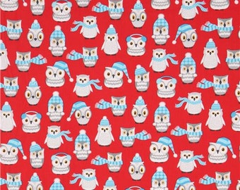 Fat Quarter Polar Pals Gufi Natale Rosso Tessuto trapuntato in cotone 100%.