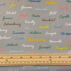 Fat Quarter Appreciation Inspiring Rainbow Words On Grey 100% Cotton Fabric