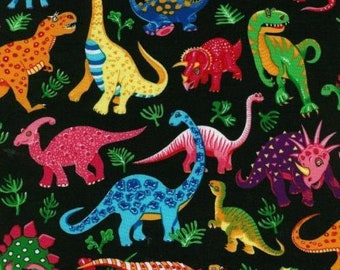 Fat Quarter Dinosaur Dance on Black Cotton Quilting Fabric Nutex