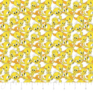 May include: A white background with a repeating pattern of yellow cartoon birds with orange beaks and blue eyes. The birds are all facing forward and have their wings spread out.