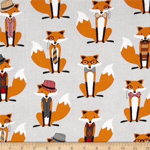 May include: A grey fabric with a repeating pattern of orange foxes wearing different accessories. The foxes are wearing hats, bow ties, glasses, and waistcoats.