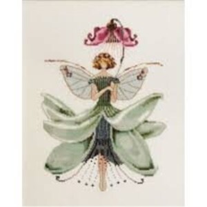 May include: A green and pink fairy with wings, wearing a green dress and standing in a flower.