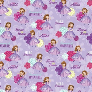 May include: A purple background with a repeating pattern of a princess in a purple dress, flowers, and text that says "Heroic and Brave", "Dreaming of Adventures", and "Magic Amulet".
