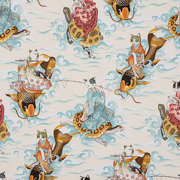 Tissu à courtepointe 100 % coton Fat Quarter pêcheur félin de style japonais chats