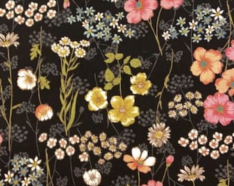 Fat Quarter Botanical Feel Flowers On Black 100% Cotton Fabric