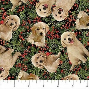 May include: A black background with a repeating pattern of golden retriever puppies and red berries. The puppies are in various poses, some looking at the camera, some looking away. The berries are scattered throughout the pattern.