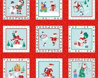 Puede incluir: Nueve cuadrados ilustrados con fondo rojo y lunares blancos. Cada cuadrado presenta una escena diferente con Santa Claus, pingüinos y elementos de invierno. Los cuadrados están enmarcados con un borde blanco y un patrón decorativo.