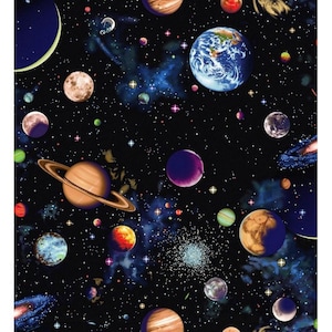 May include: A dark blue background with a variety of planets and stars. The planets are in different colors, including blue, green, red, and brown. Some of the planets have rings around them. The stars are white and yellow.