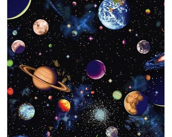 Fat Quarter Solar System 100% Cotton Quilting Fabric - Space, Planets, Stars