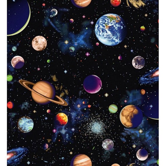 PAINTED PLANETS ブラスタ BLACK STAR Fat Quarter Solar System 100% Cotton Quilting Fabric - Space