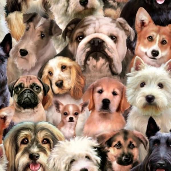 Fat Quarter Dogs Petpourri Dog Breeds Pug 100% Cotton Quilting Fabric 1255 Multi