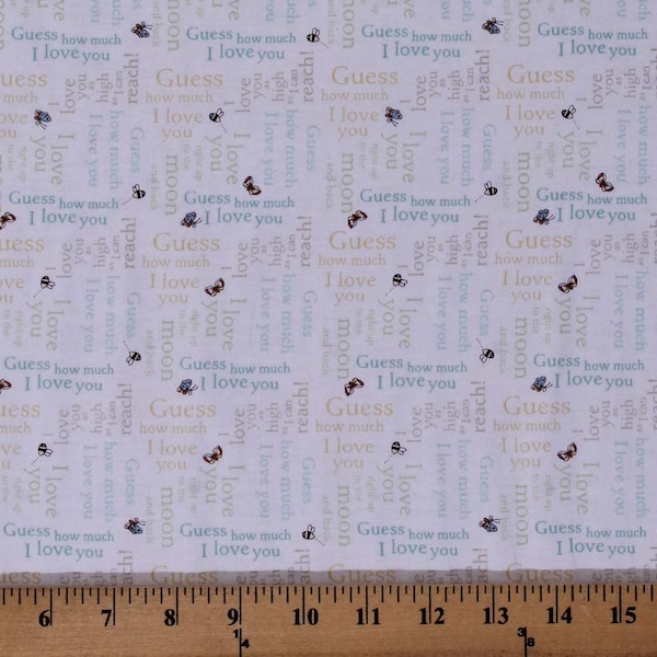 Fat Quarter Guess How Much I love You words Blue 100% Cotton Quilting Fabric