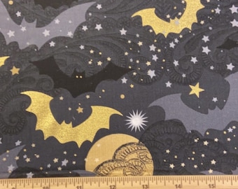 Fat Quarter Halloween Gothic Glam Gold Metallic Bats On Dark Grey 100% Cotton Fabric