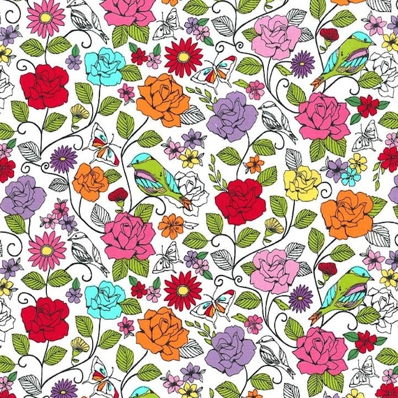Michael Miller Fat Quarter Spring Fling Floral Birds Cotton Quilting Fabric