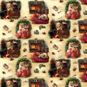 May include: A seamless pattern featuring a festive Christmas scene with adorable dogs in various poses. The dogs are wearing Santa hats and are surrounded by Christmas trees, presents, and a fireplace. The background is a warm beige colour.