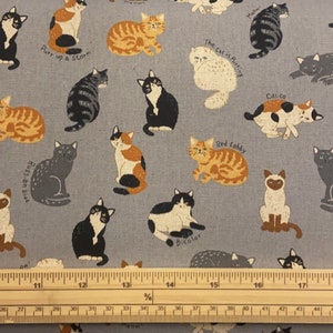 Fat Quarter Shimao Cats Allover On Grey Cotton Linen Fabric