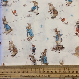 Fat Quarter Christmas Peter Rabbit Fun In The Snow 100% Cotton Quilting Fabric