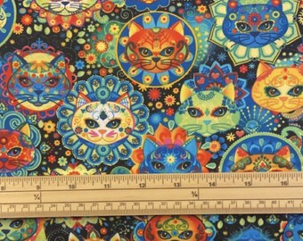 Fat Quarter Cats Rainbow Day Of The Dead Cat Faces 100% Cotton Quilting Fabric