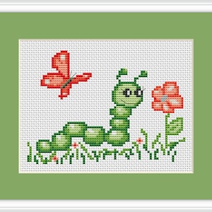 Caterpillar And Butterfly Cross Stitch Kit By Luca S Ideal Beginner 13cm x 9cm