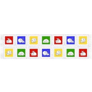 May include: A set of 12 fabric squares featuring a white sheep and lamb design. Each square has a different coloured border: red, blue, green, and yellow.