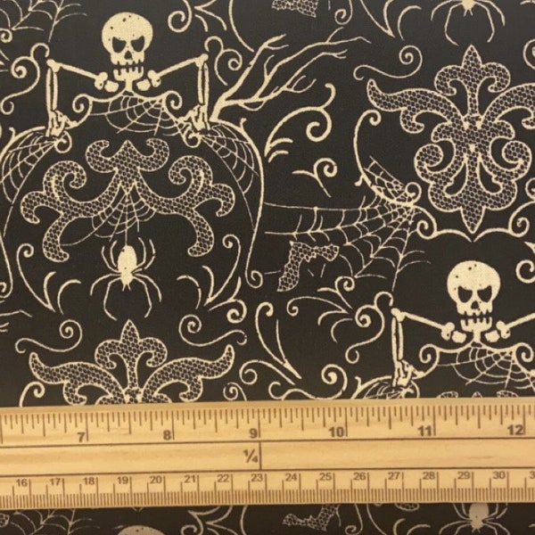 Fat Quarter Midnight Halloween Spooky Skeleton Damask Black 100% Cotton Quilting Fabric